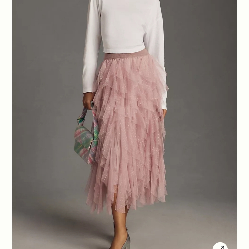 Anthropologie Cheri Ruffled Tulle Midi Skirt